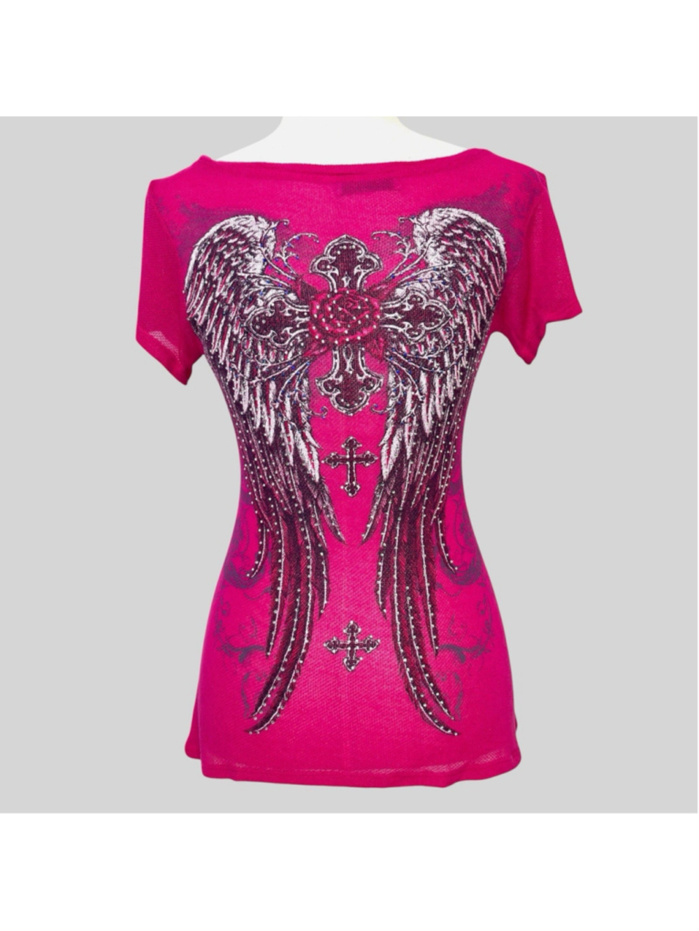 Rhinestone Angel Wings Rose Cross Top S Cyber Y2K Mall Goth From LA By Bus Stop - Picture 3 of 16